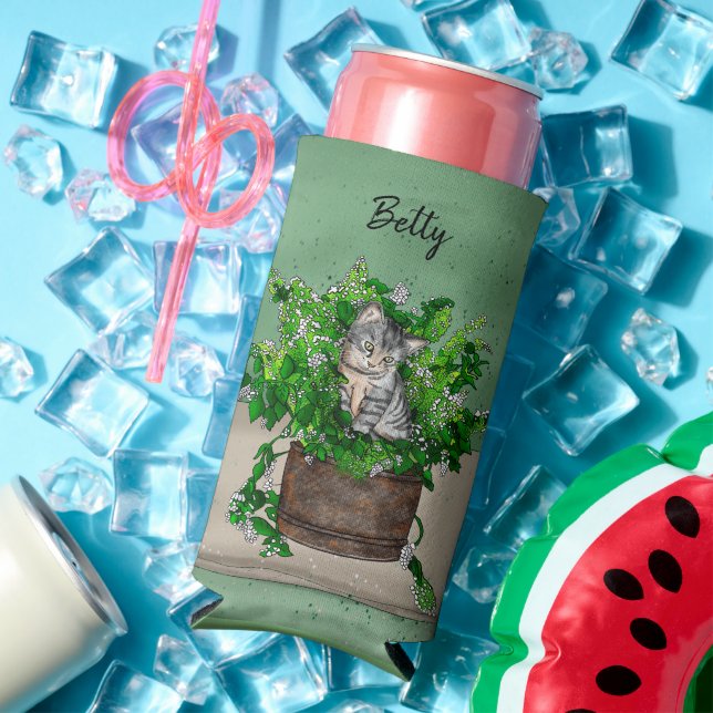 Personalised Cute Kitten in Catnip Pot   Seltzer Can Cooler (In Situ Summer)