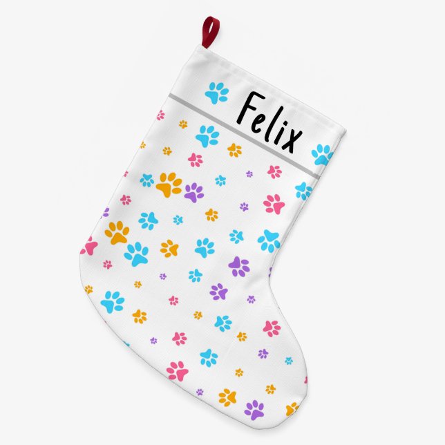 Personalised Cute Kitten Paw Print Large Christmas Stocking (Front (Hanging))