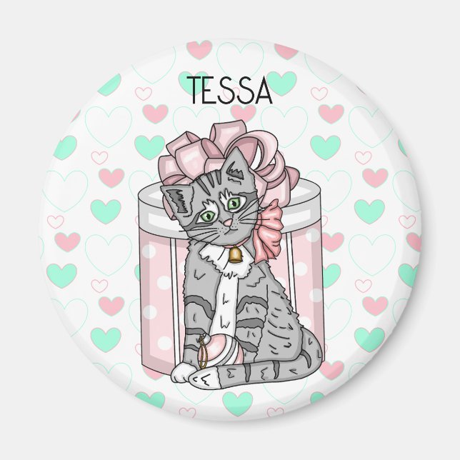 Personalised cute Kitten Pink Bow   Magnet (Front)