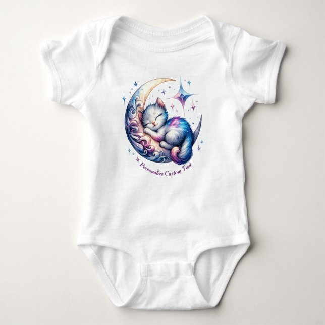 Personalised Cute Kitten Sleeping on a Half Moon Baby Bodysuit (Front)