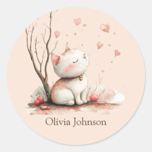 Personalised Cute Kitten with Hearts Classic Round Sticker