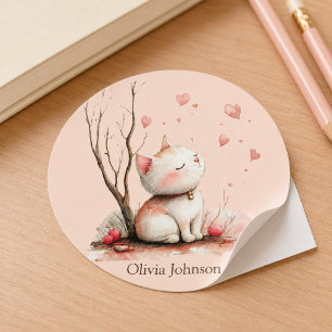Personalised Cute Kitten with Hearts Classic Round Sticker