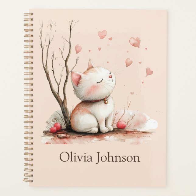 Personalised Cute Kitten with Hearts Planner (Front)