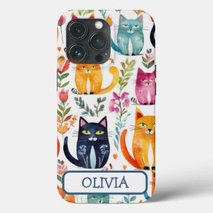Personalised Cute Kittens and Flowers Pattern iPhone 13 Pro Case