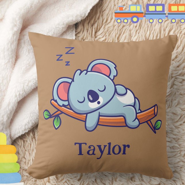 Personalised Cute Koala Bear Cartoon Cushion (This cute sleeping koala bear throw pillow may be personalized with baby's or child's name. )