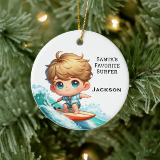 Personalised Cute Little Kid Surfing Ceramic Tree Decoration