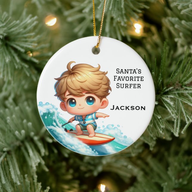 Personalised Cute Little Kid Surfing Ceramic Tree Decoration (Tree)