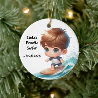 Personalised Cute Little Kid Surfing Ceramic Tree Decoration
