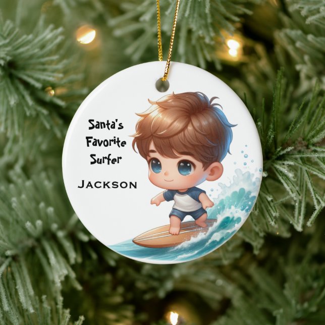 Personalised Cute Little Kid Surfing Ceramic Tree Decoration (Tree)