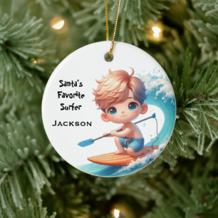 Personalised Cute Little Kid Surfing Ceramic Tree Decoration