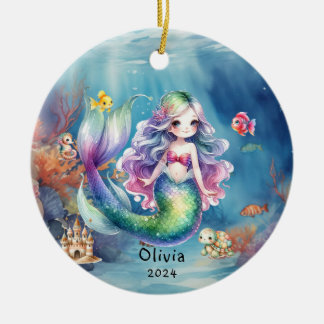 Personalised Cute Mermaid Ocean Photo Watercolor Ceramic Tree Decoration