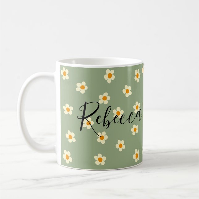 Personalised Cute Modern Daisy Pattern Green  Coffee Mug (Left)