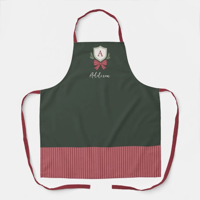 Personalised Cute Monogram Green Red Bow Christmas Apron (Front)