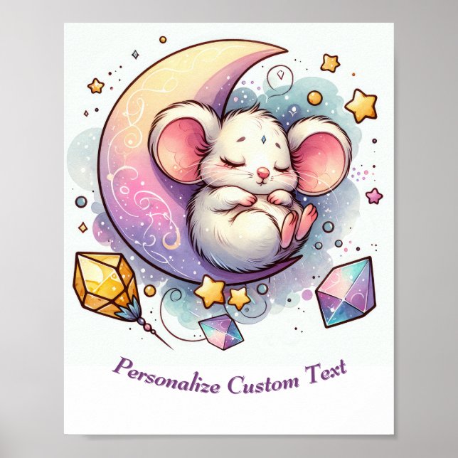 Personalised Cute Mouse Sleeping on a Half Moon Poster (Front)