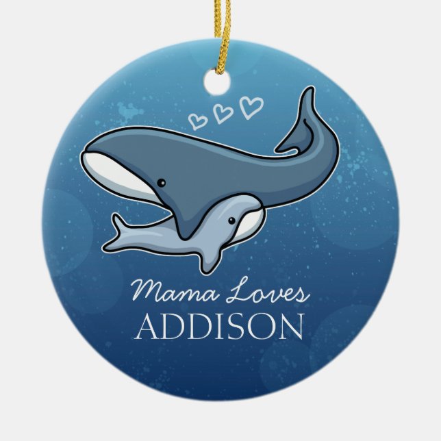 Personalised Cute Mum Baby Whale, Add Kids Name Ceramic Tree Decoration (Front)