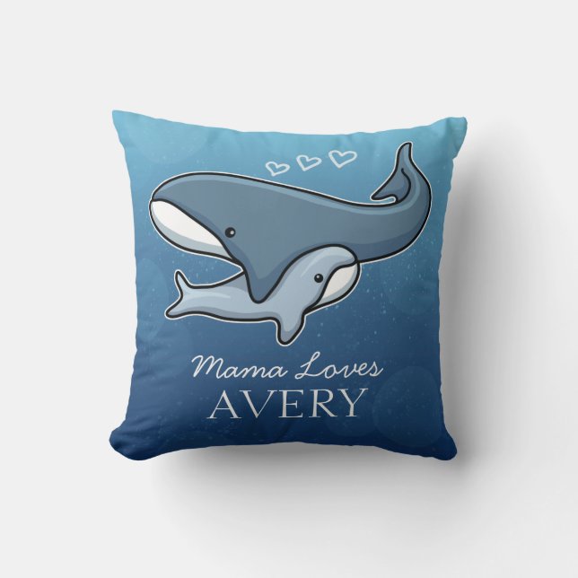 Personalised Cute Mum Baby Whale, Add Kids Name Cushion (Front)