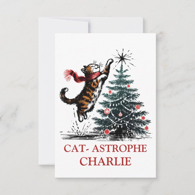 Personalised Cute Naughty Cat Christmas Tree Fun Thank You Card (Front)
