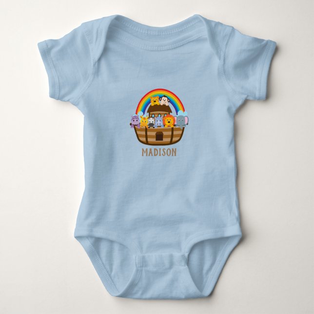 Personalised Cute Noah's Ark Blue Baby Bodysuit (Front)