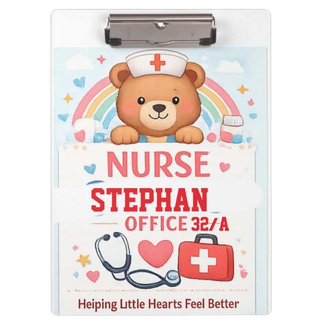 Personalised Cute Nurse Bear Sign, Sch Clipboard (Front)
