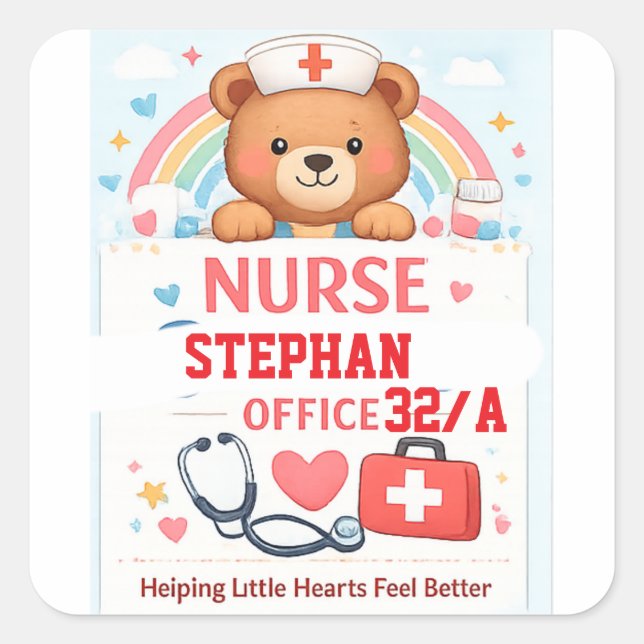 Personalised Cute Nurse Bear Sign, Sch Square Sticker (Front)