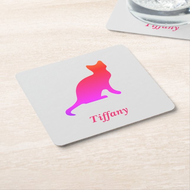 Personalised cute ombre cat  square paper coaster (Angled)