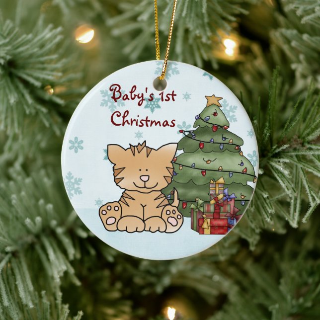 Personalised Cute Orange Cat Baby's 1st Christmas Ceramic Tree Decoration (Tree)