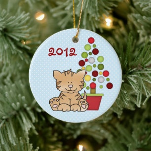 Personalised Cute Orange Cat, Holiday Tree on Blue Ceramic Tree Decoration
