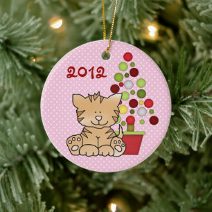 Personalised Cute Orange Cat, Holiday Tree on Pink Ceramic Tree Decoration