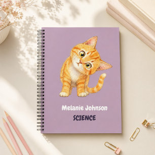 Personalised Cute Orange Cat Mauve School Subject Notebook