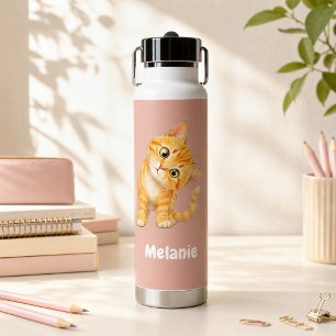Personalised Cute Orange Cat Pink Kids Water Bottle