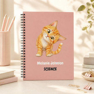 Personalised Cute Orange Cat Pink School Subject Notebook