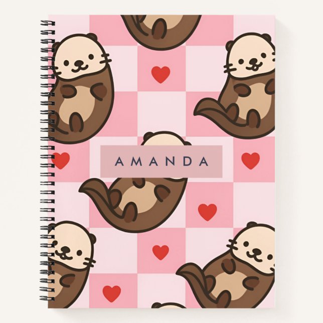 Personalised Cute Otter Love with Heart Pattern Notebook (Front)