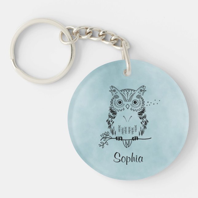 Personalised Cute Owl Illustration Key Ring (Front)