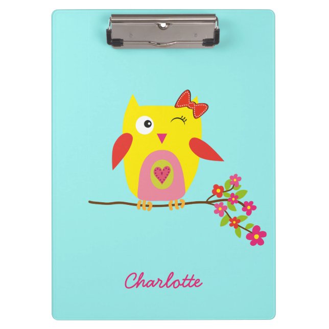 Personalised Cute Owl Yellow Pink Illustration Clipboard (Front)