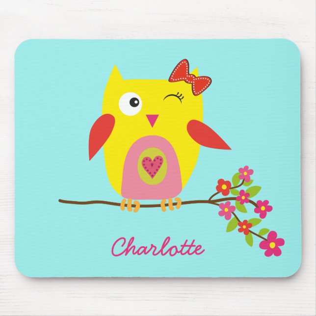Personalised Cute Owl Yellow Pink Illustration Mouse Pad (Front)