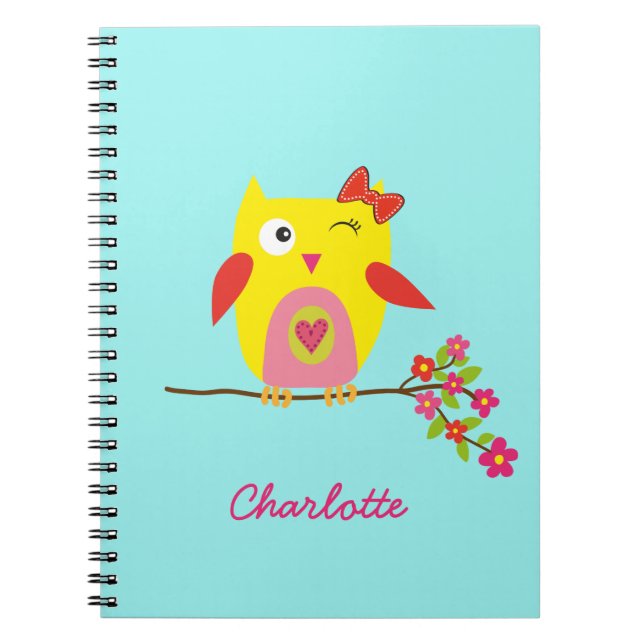 Personalised Cute Owl Yellow Pink Illustration Notebook (Front)