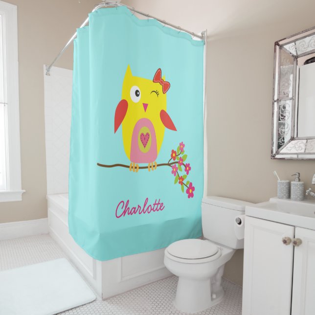 Personalised Cute Owl Yellow Pink Illustration Shower Curtain (In Situ)