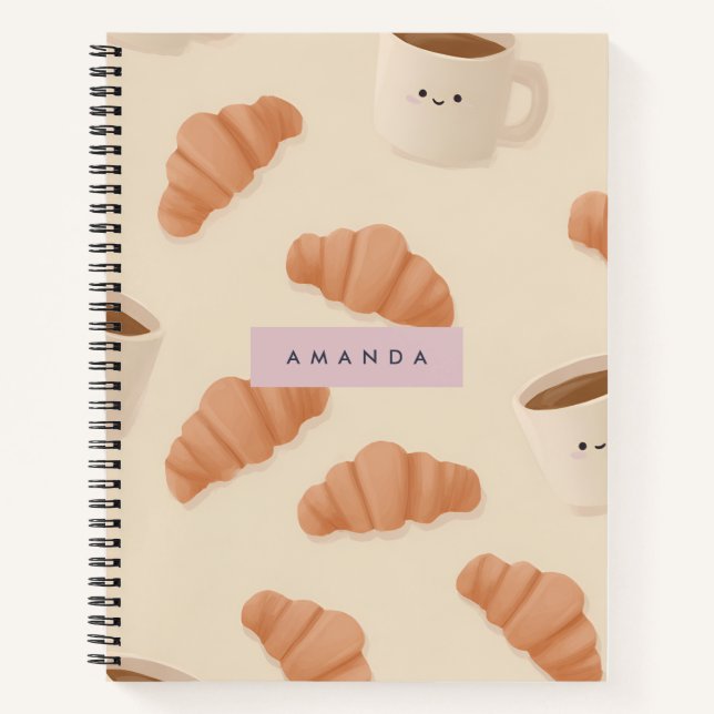 Personalised Cute Pastel Croissant Coffee Notebook (Front)