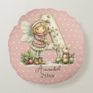Personalised Cute Pastel Fairy Christmas Initial  Round Cushion