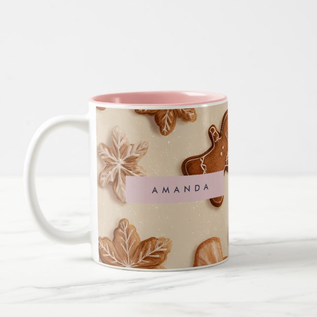 Personalised Cute Pastel Gingerbread Cookie Two-Tone Coffee Mug (Left)
