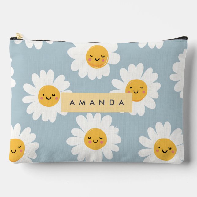 Personalised Cute Pastel Smiling Daisy Accessory Pouch (Front)