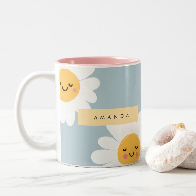 Personalised Cute Pastel Smiling Daisy Two-Tone Coffee Mug (With Donut)