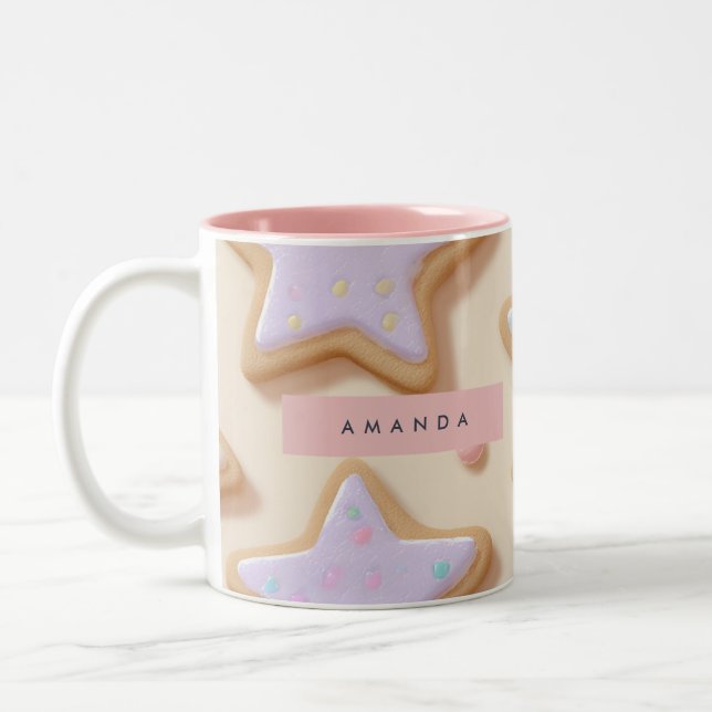 Personalised Cute Pastel Star Cookies Pattern Two-Tone Coffee Mug (Left)