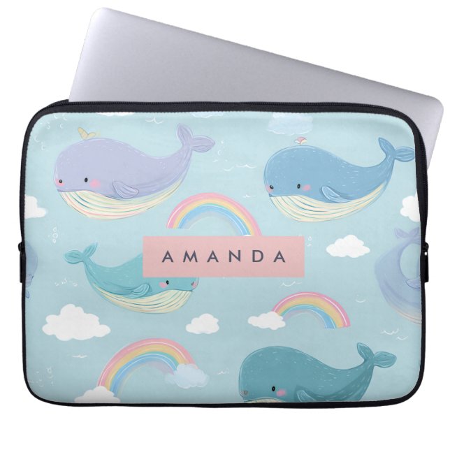 Personalised Cute Pastel Whale and Rainbow Pattern Laptop Sleeve (Front)