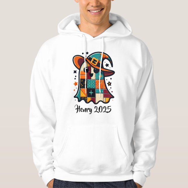 Personalised Cute Patchwork Ghost Halloween Hoodie (Front)