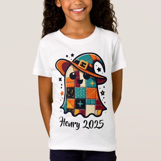 Personalised Cute Patchwork Ghost Halloween T-Shirt (Front)