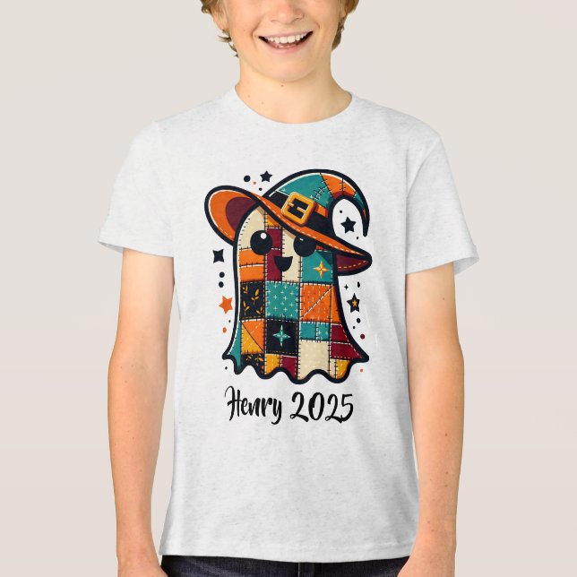 Personalised Cute Patchwork Ghost Halloween Tri-Blend Shirt (Front)
