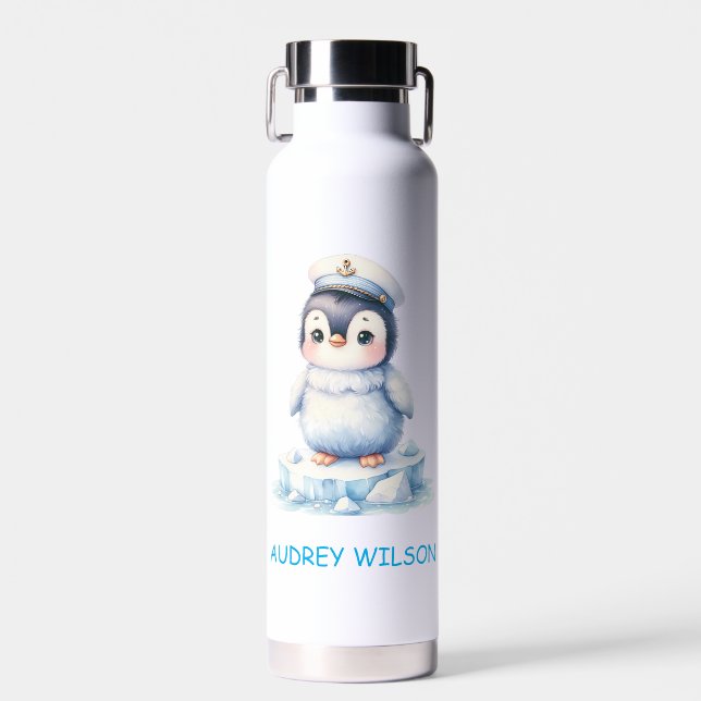 Personalised Cute Penguin Captain Illustration Water Bottle (Front)