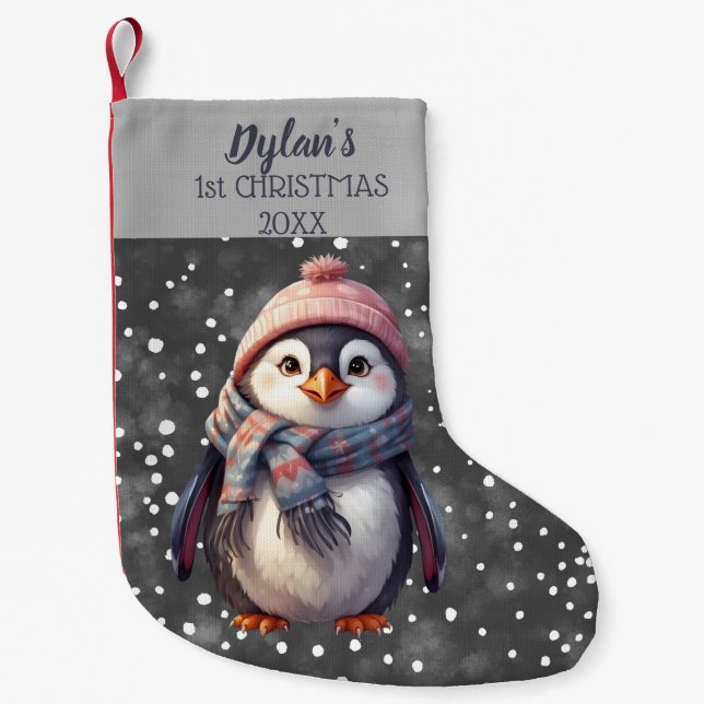 personalised cute penguin first christmas stocking (Front)