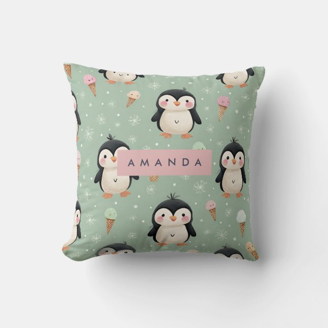 Personalised Cute Penguin & Ice Cream Pattern Cushion (Front)